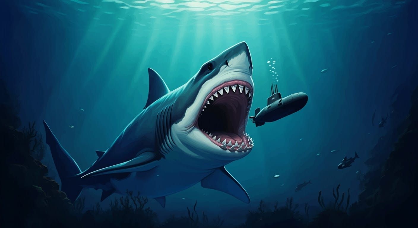 Megalodon Devours Nuclear Submarine in Retro Deep Ocean Scen...