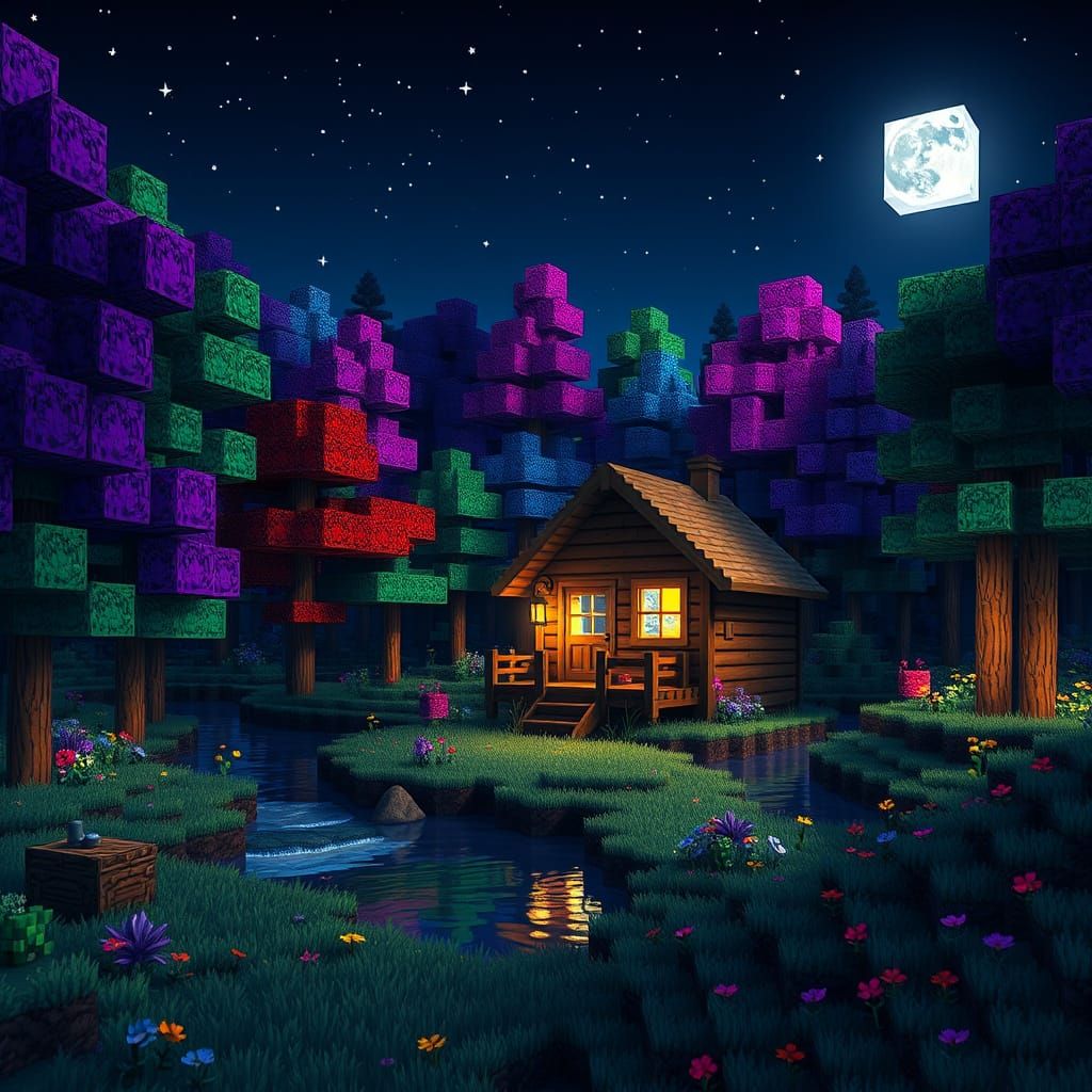 Minecraft Cabin in a Colorful Forest at Night