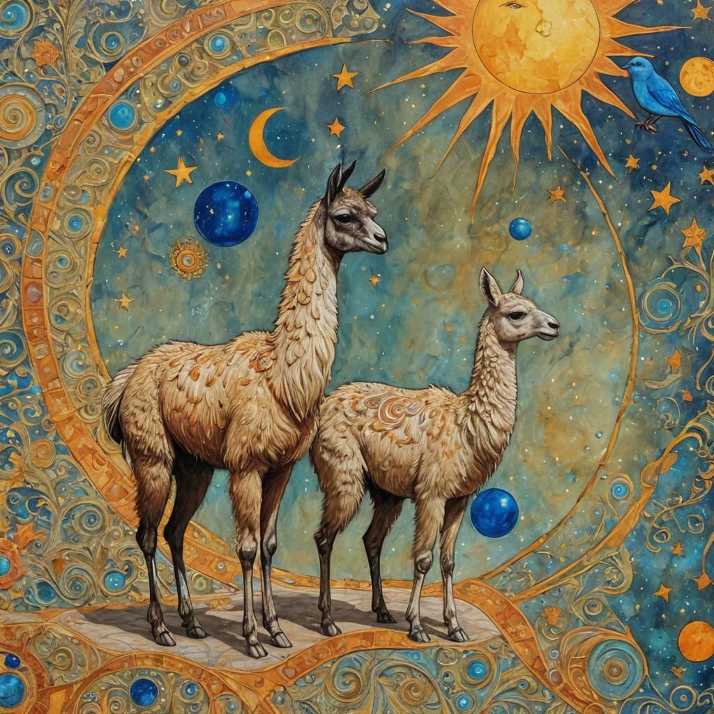 Llama and Bird Celestial Walk in Surreal Style
