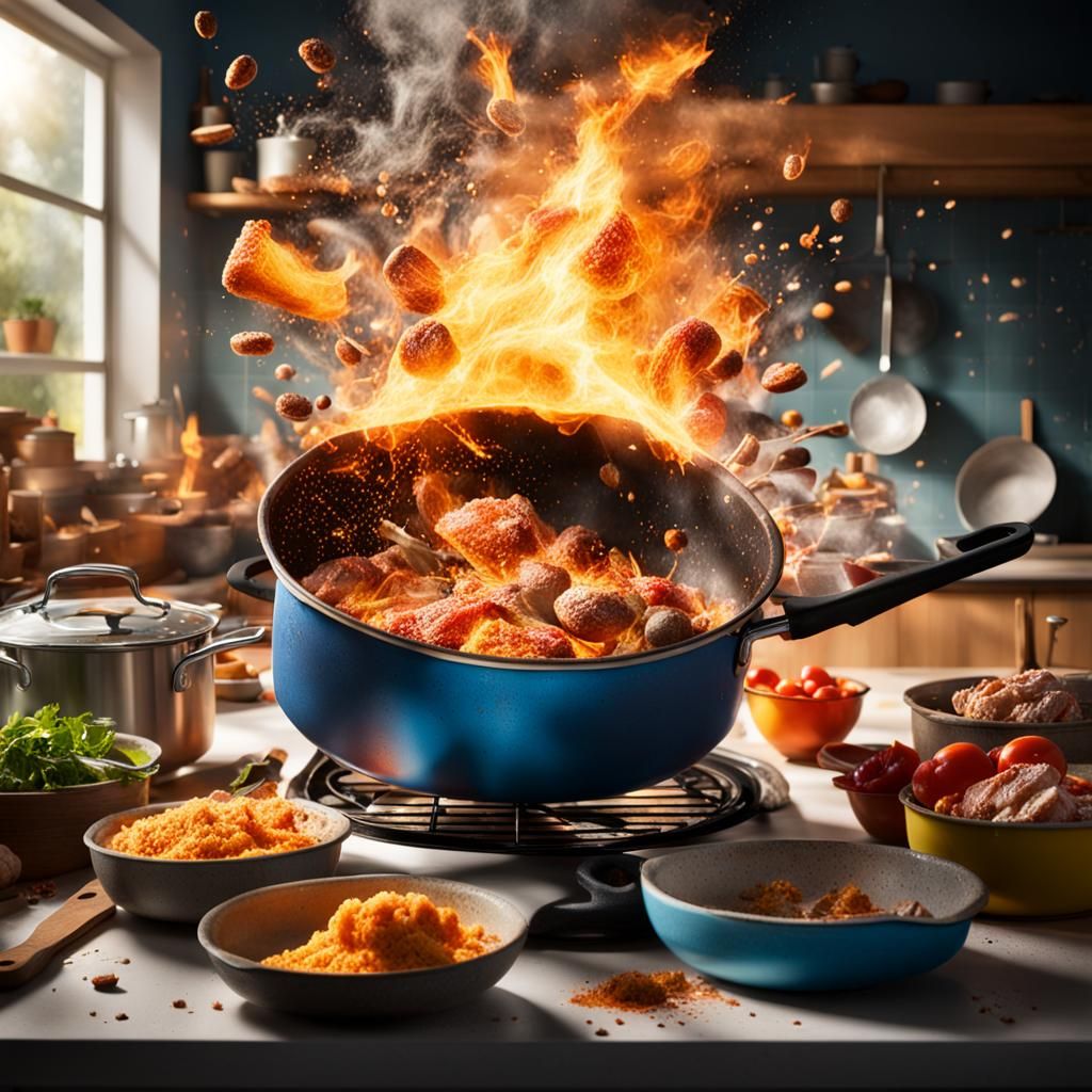 Exploding Food in Kitchen Fire: Hyperrealistic Splash Art