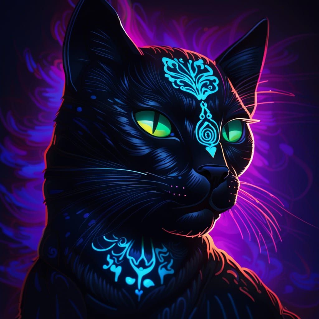 Bioluminescent Cat in Shadows: Day of the Dead Neon
