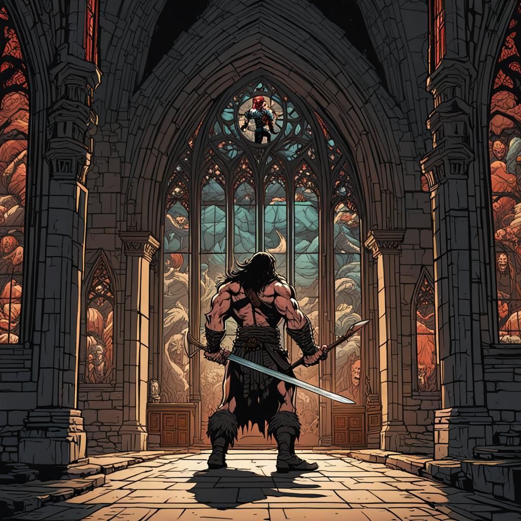 Conan Battles Demon in Gothic Church, Illustrated Style