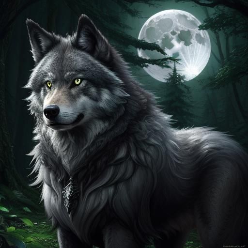 Eerie Wolf in Moonlit Forest: Detailed Fantasy Art