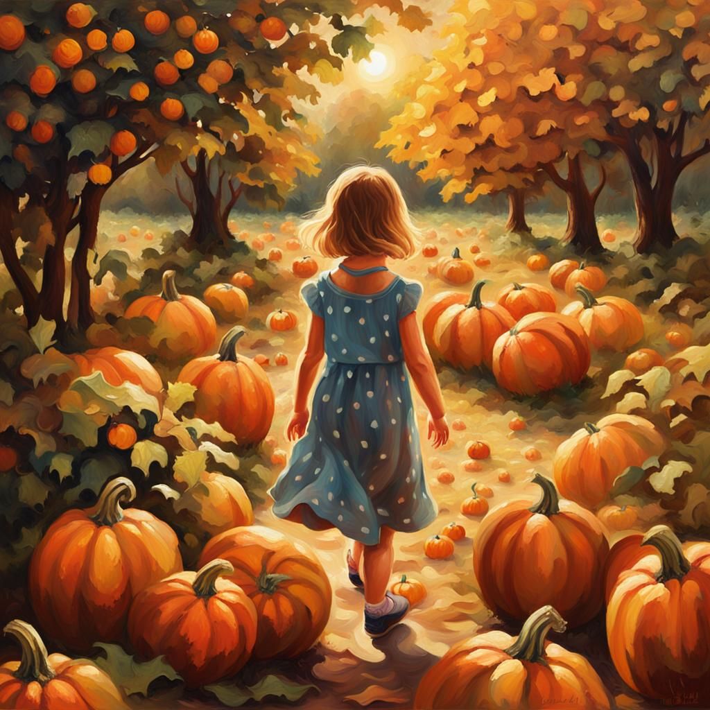 Girl in Pumpkin Patch, Oil Painting Style