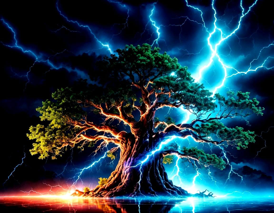 Majestic Tree Amidst Lightning Storm Reflection