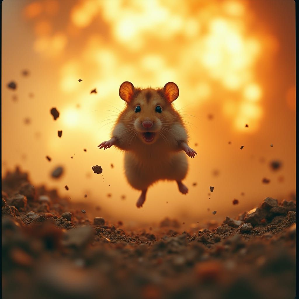 Dramatic Hamster Escapes Explosive Chaos in Cinematic Style
