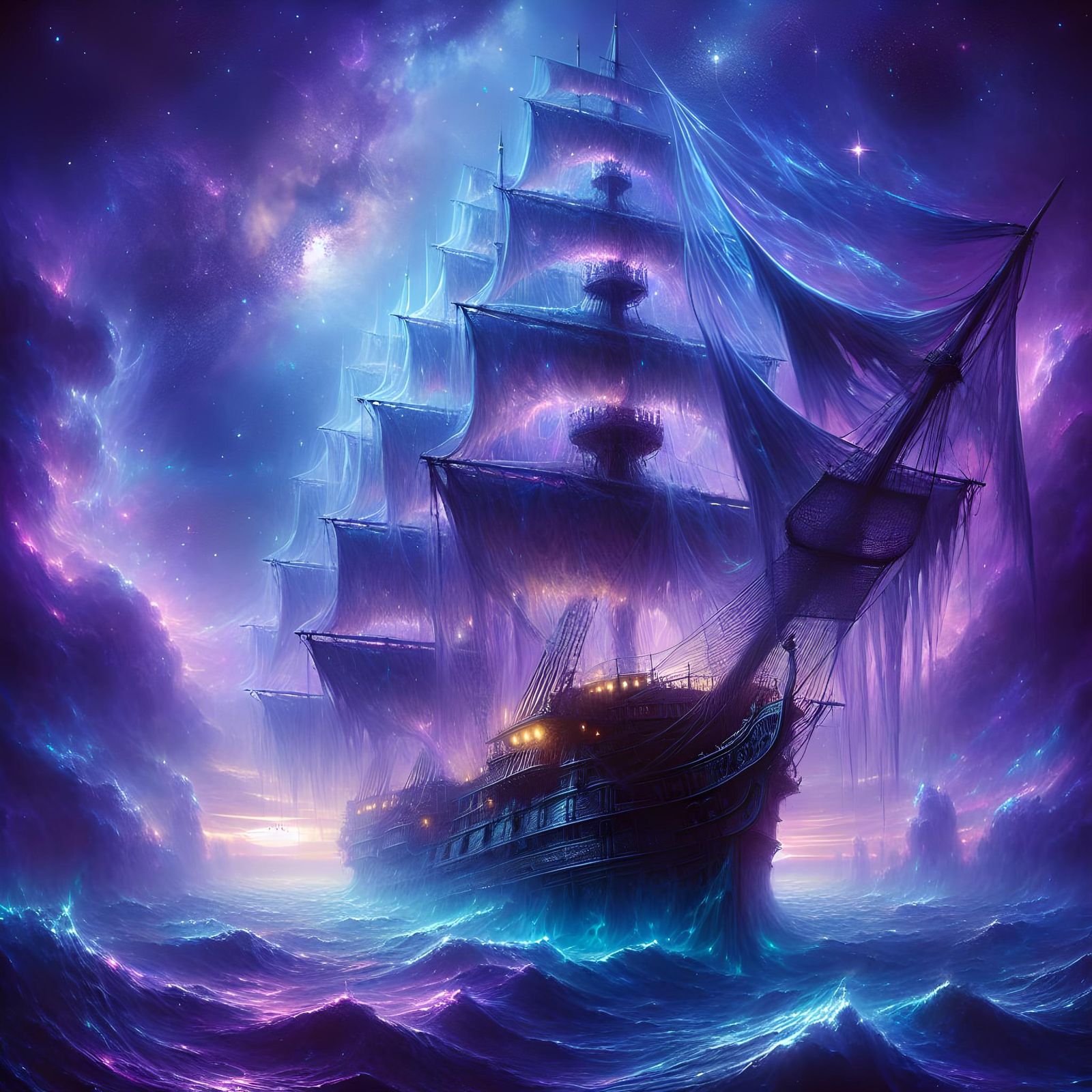 Majestic Ship Sails Violet Sea Under Starry Sky
