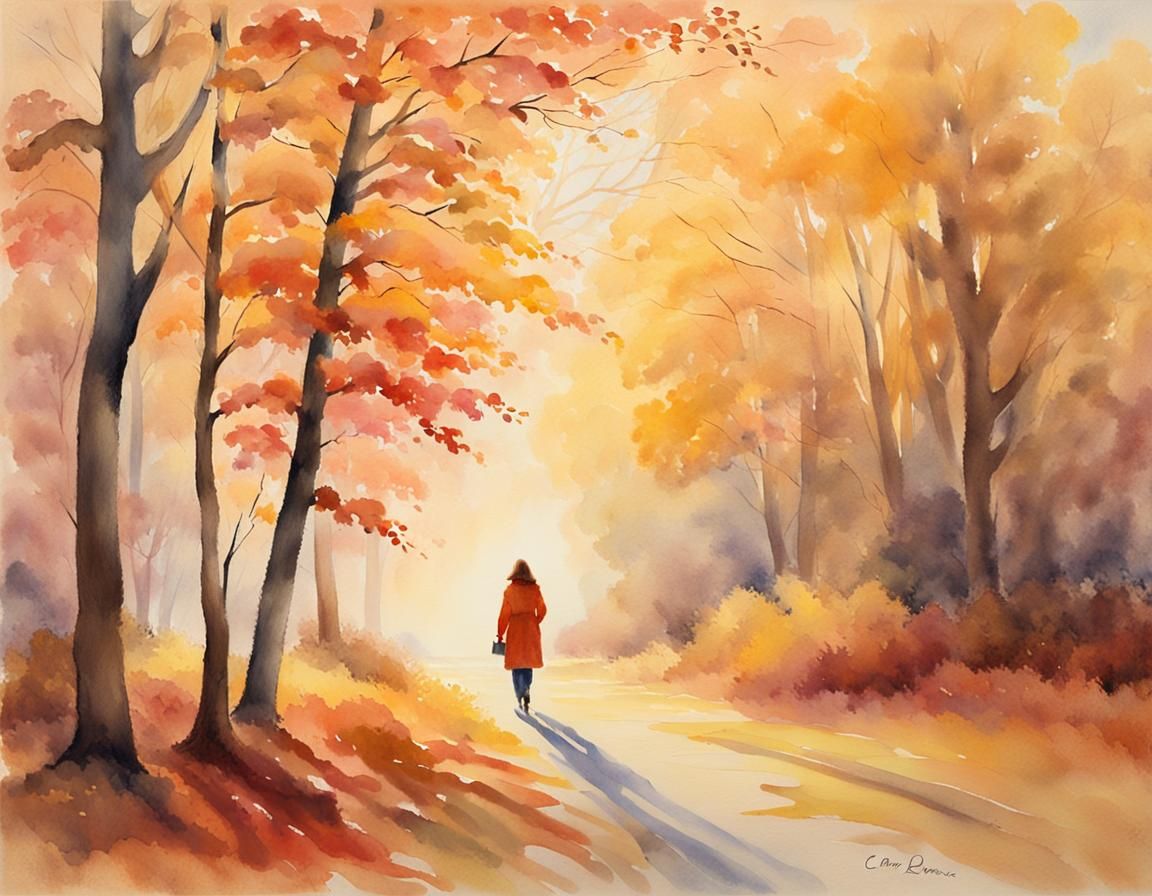 Ethereal Watercolor: Woman in Autumn Landscape