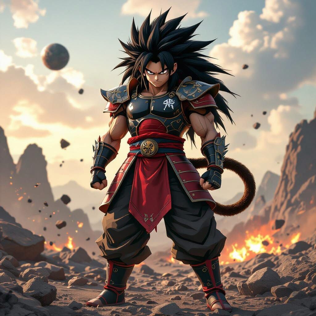 Saiyan Warrior on Shattered Planet in Yoshitaka Amano Style