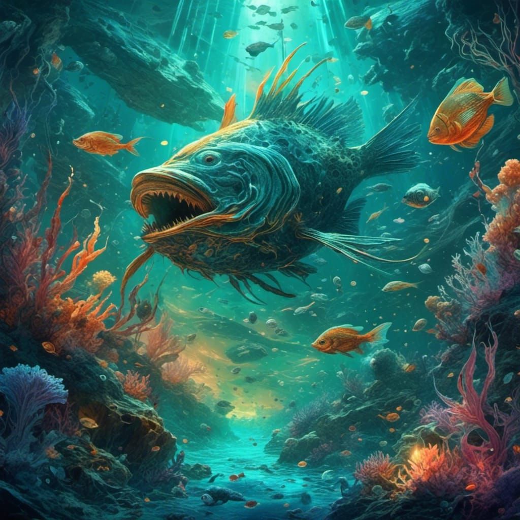Eerie Underwater Scene with Looming Evil, Astral Illustratio...