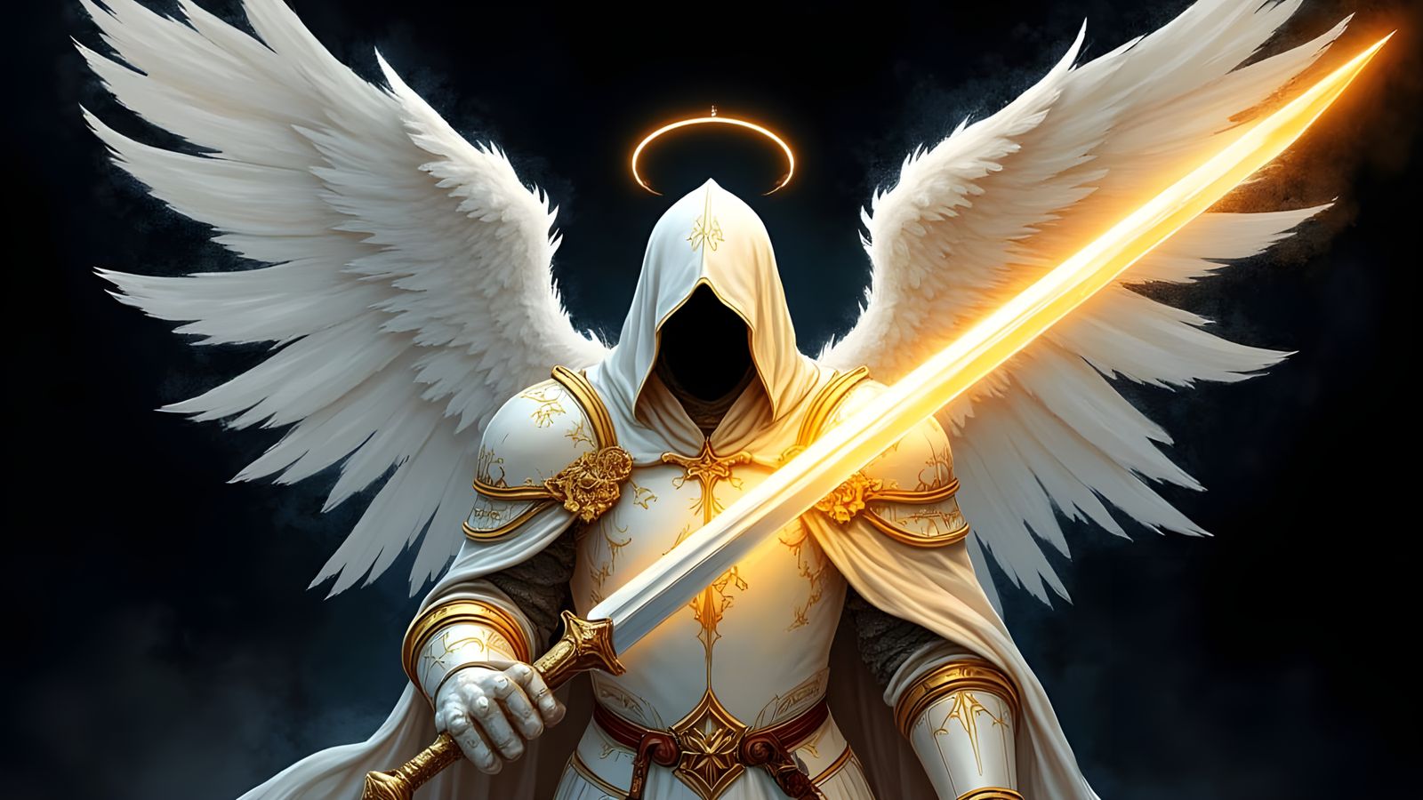 Majestic Angel in Gothic Armor with Glowing Sword