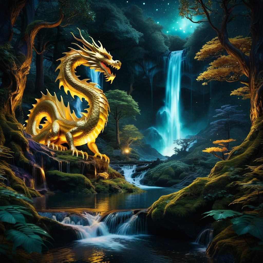 Golden Dragon in Galactic Fantasy Forest