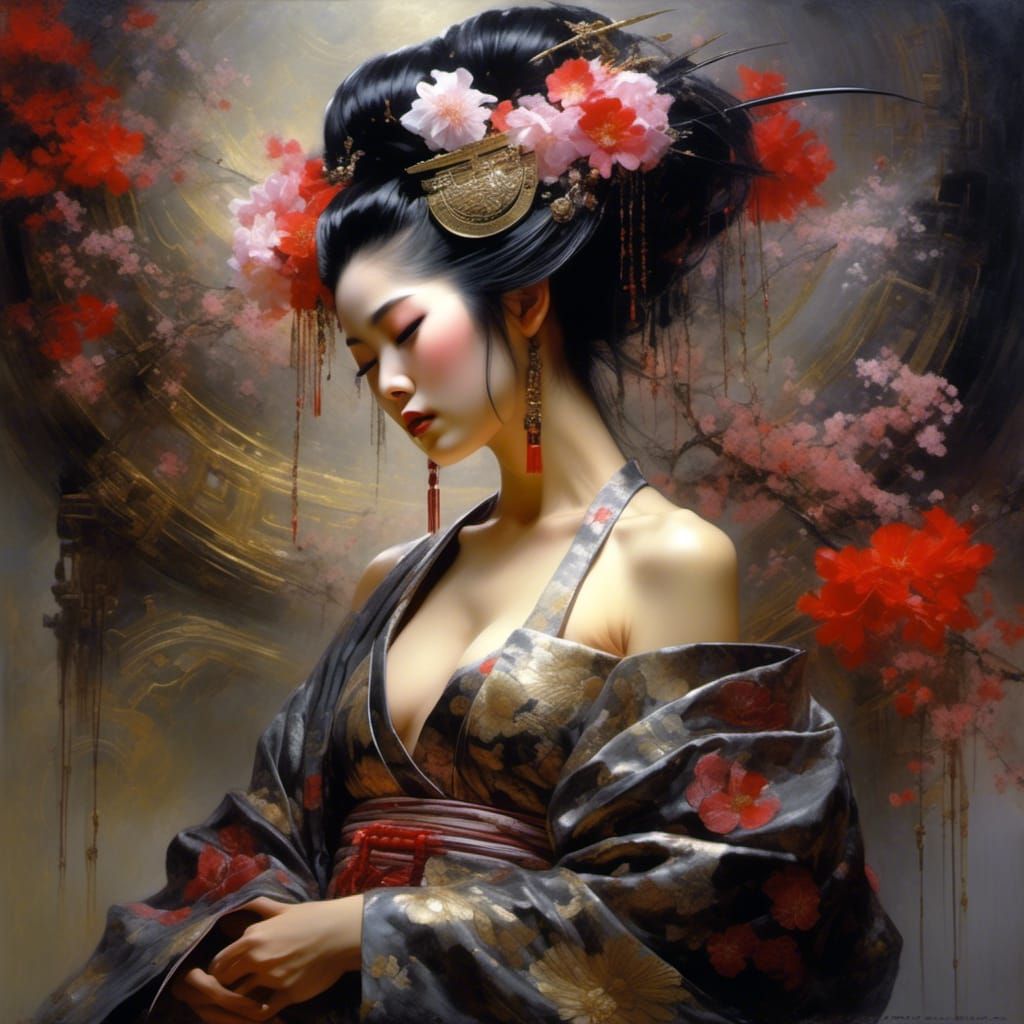 Geisha Alluringly Applies Oil in Gothic Setting