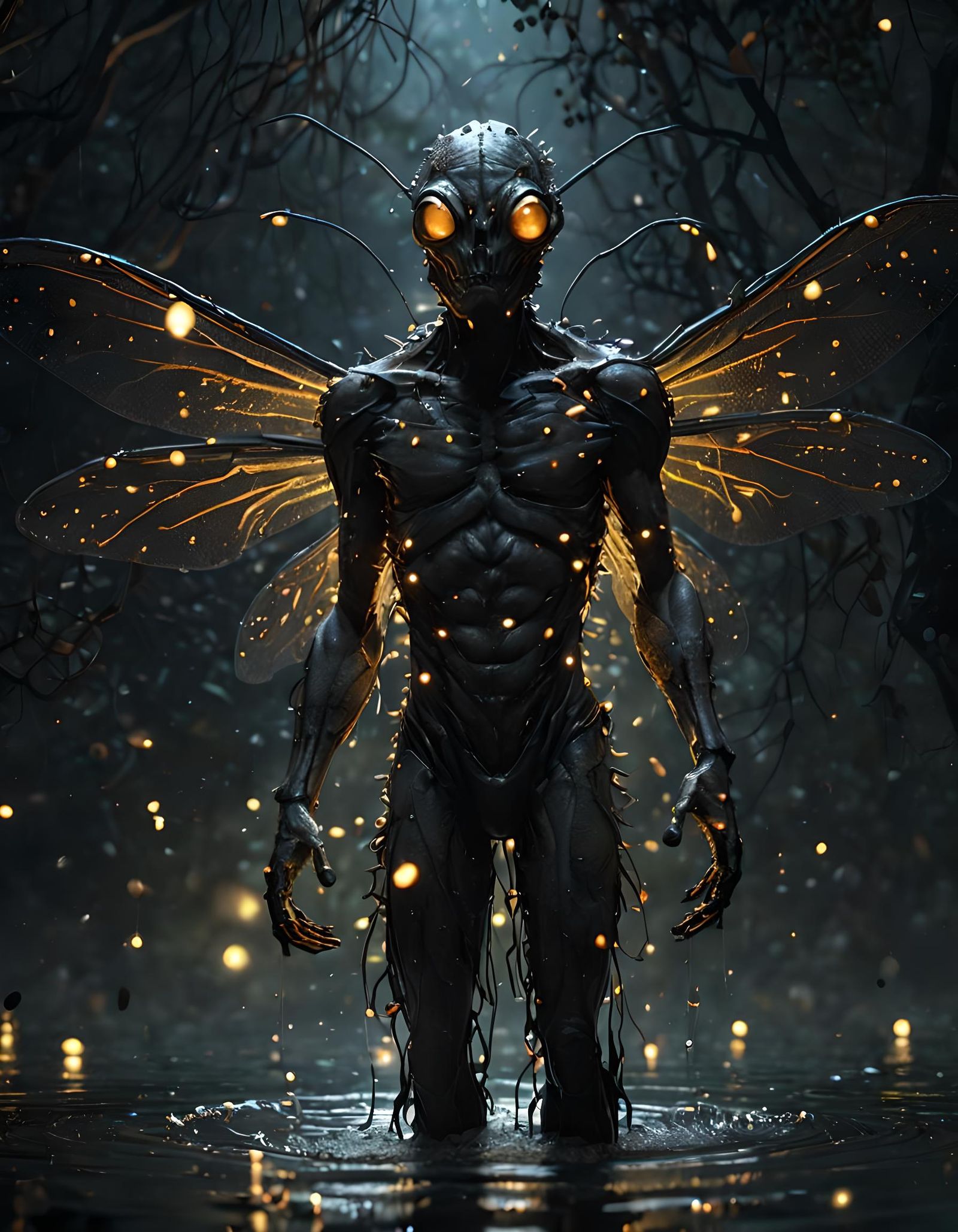Grotesque Firefly Man in Foggy Water, Hyperrealistic Render