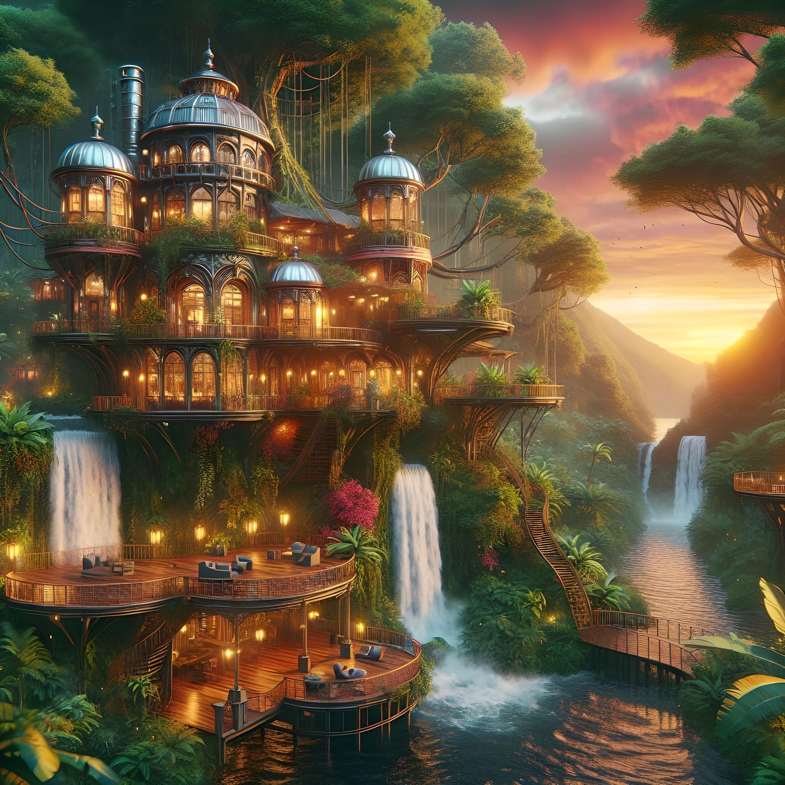 Steampunk Treehouse in Jungle Sunset, Fantasy Concept Art
