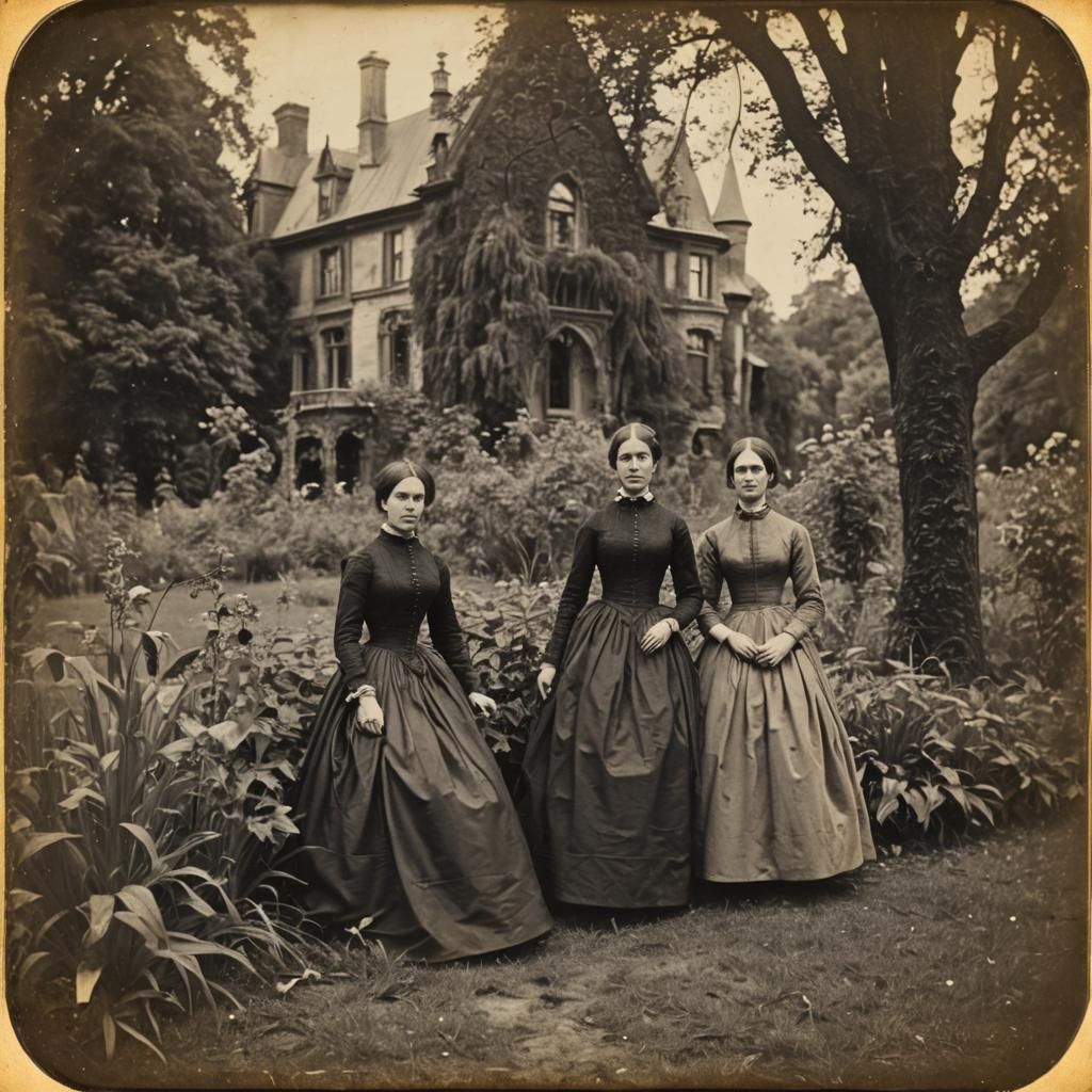 Ladies in Gothic Manor Garden: Daguerreotype Photo