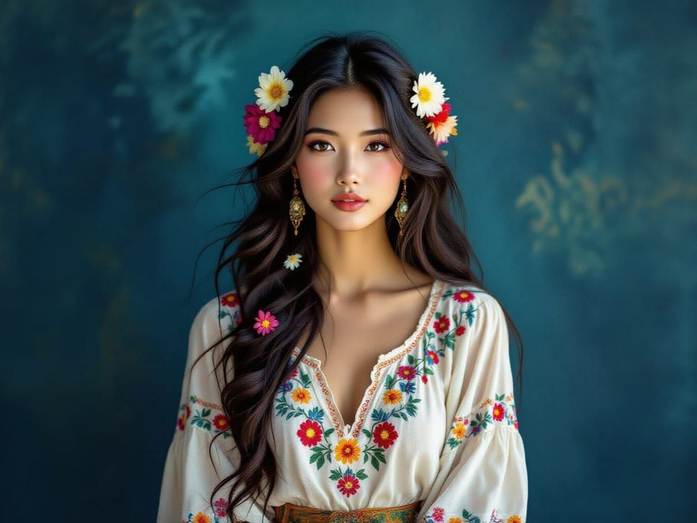 Beautiful Hippy Asian Girl on Dark Background