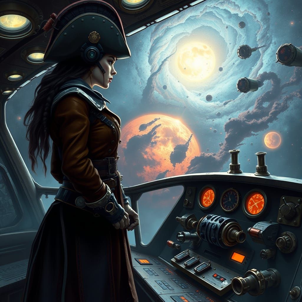 Steampunk Space Pirate Captain on Ship Bridge