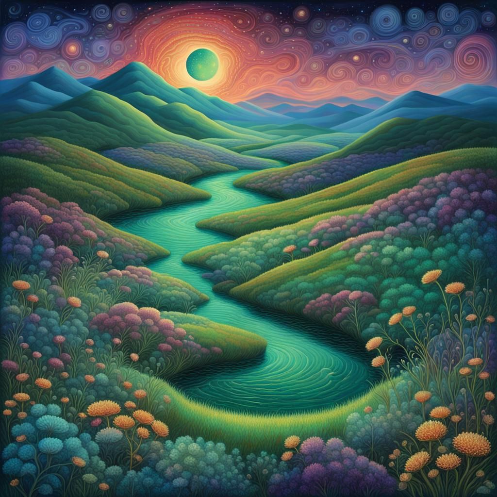 Misty Stream in Moor Landscape under Astral Twilight