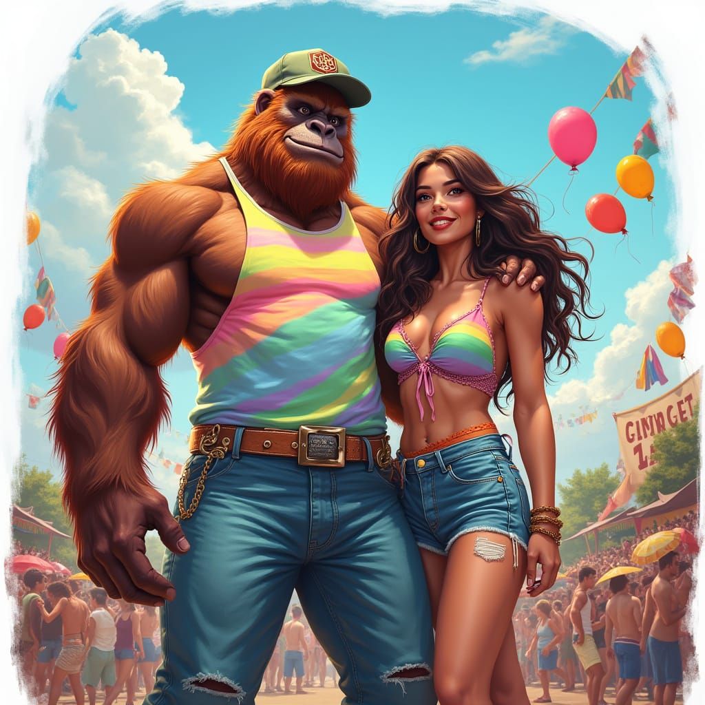 Sasquatch Couple at Pride Festival: Bold, Colorful Art