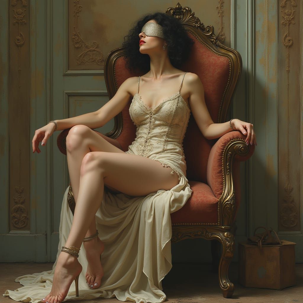 Elegant Woman on Ornate Chair in Art Nouveau Style