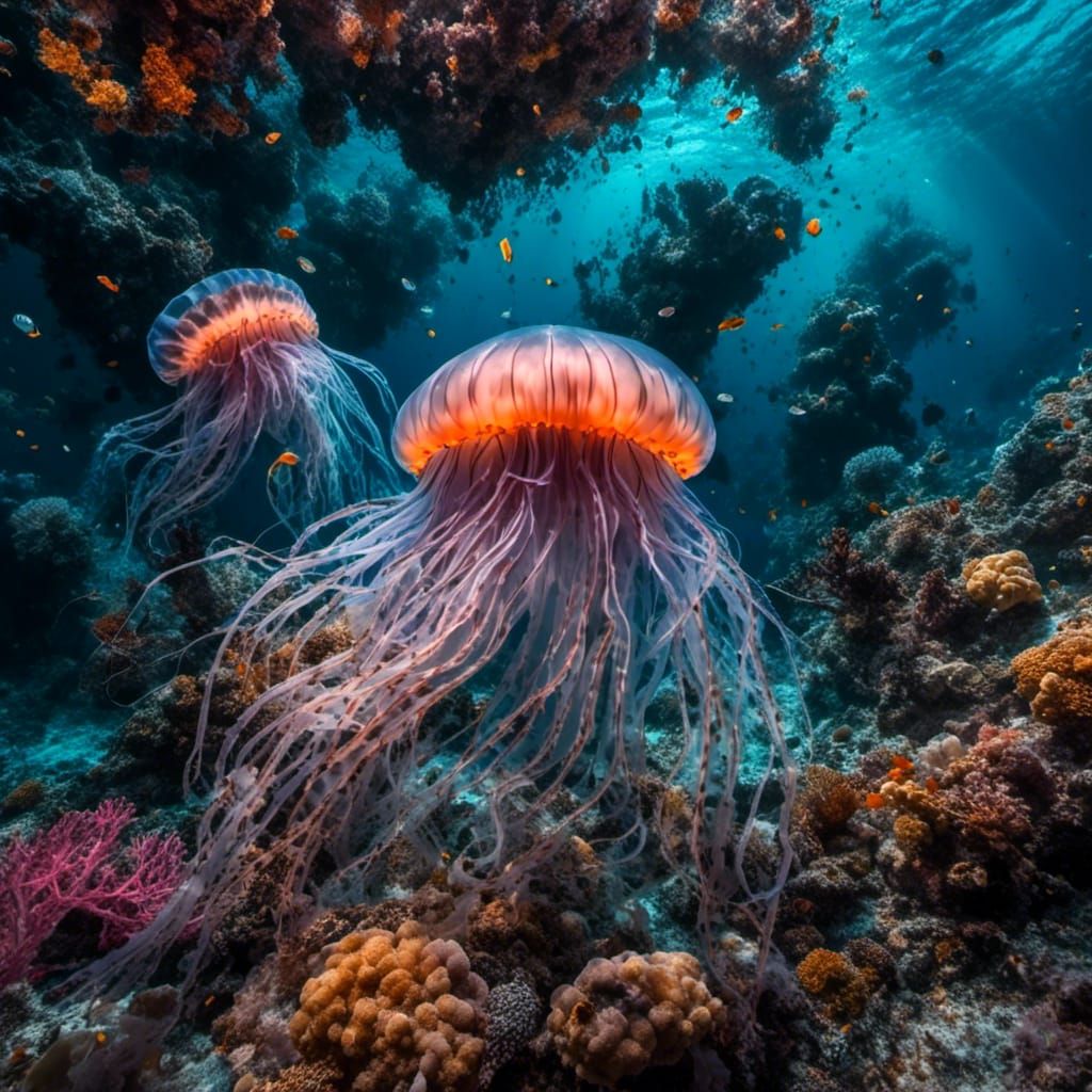 Fantastic Jellyfish in Colorful Coral Reef