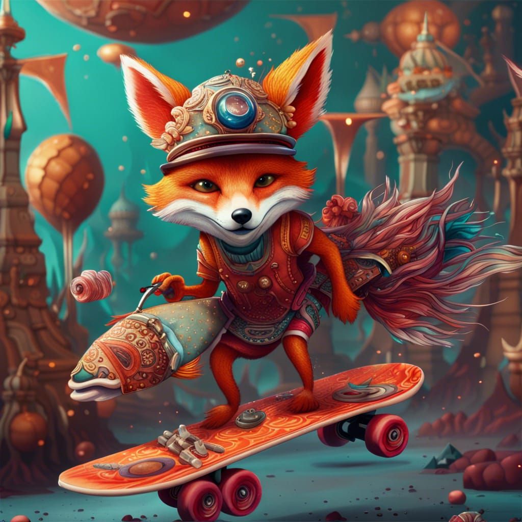 Fox in Fish Hat Doing Skateboard Trick