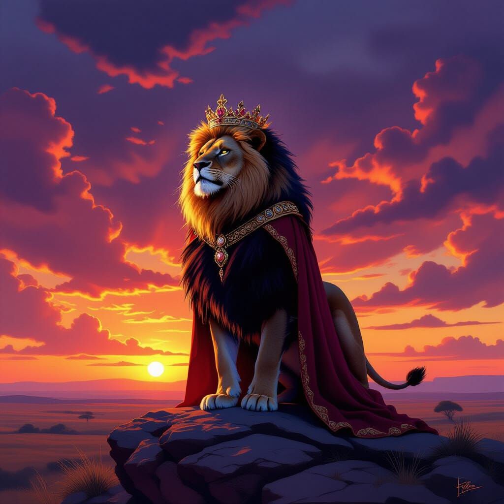 Majestic Lion King on Savanna at Sunset