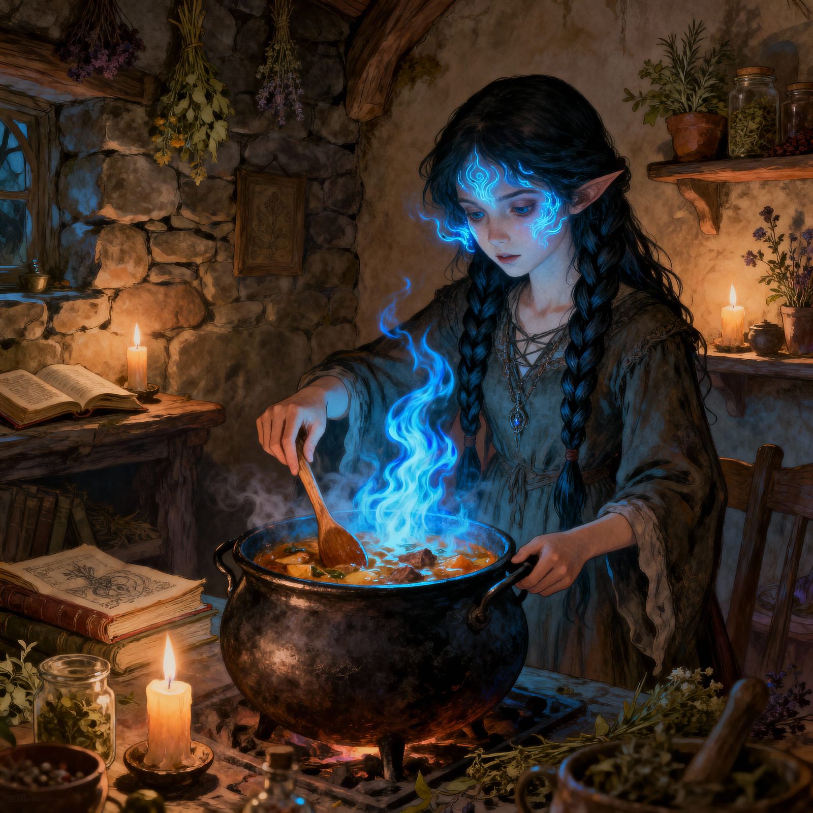 Young Witch Cooks Magical Stew in Cozy Cottage