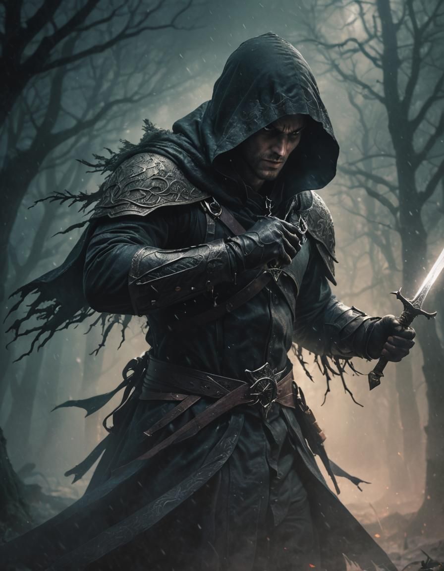 Supernatural Assassin in Dark Mystical Forest