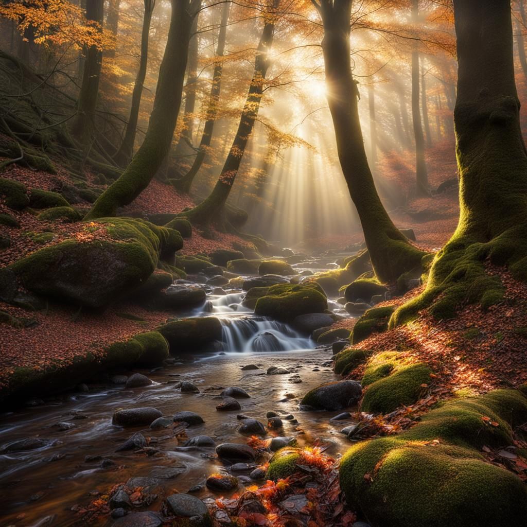 Autumn Forest Brook Bathed in Sunbeams