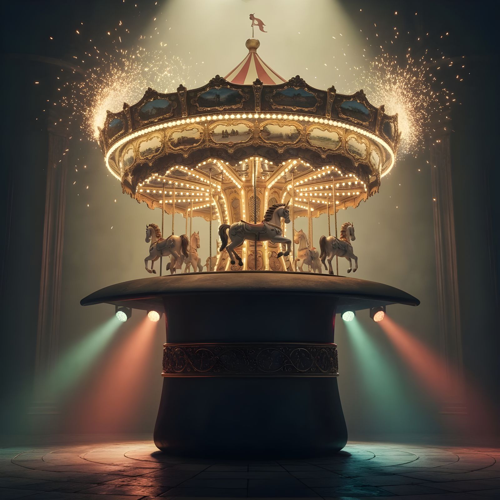 Vintage Circus Carousel Emerges From Upside Down Top Hat