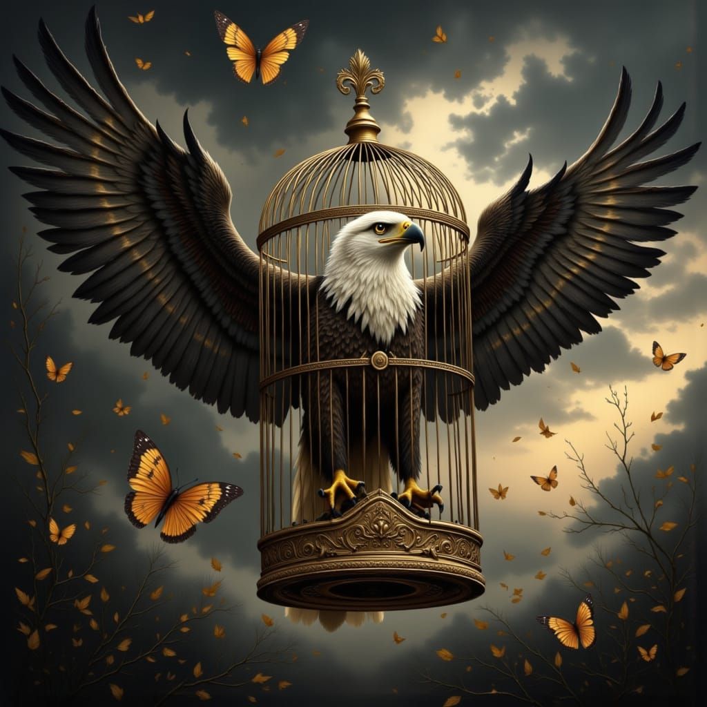 Eagle Yearns for Freedom in Gilded Cage Painting