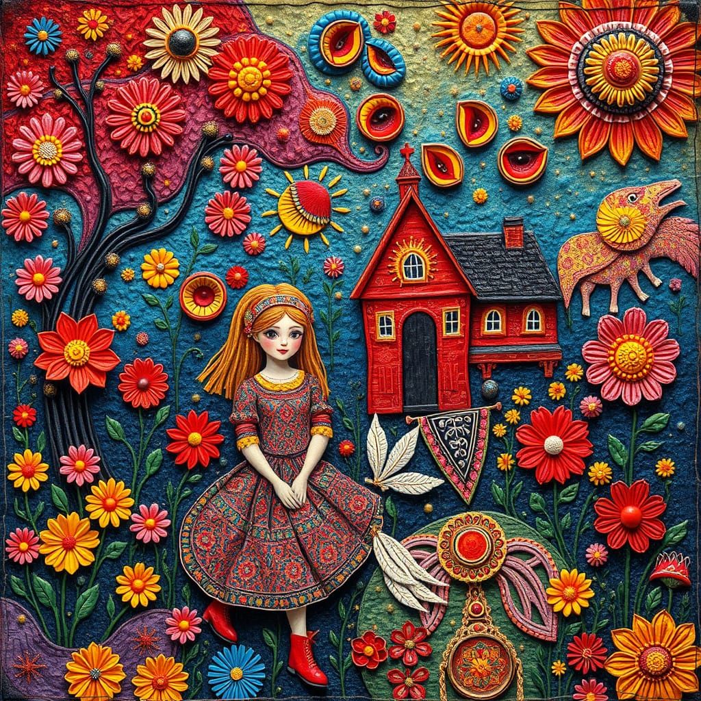 Joyful Lithuanian Folk Art Scene in Vibrant Colors