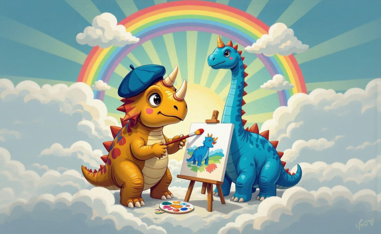 Happy Triceratops Painting a Brontosaurus on Canvas