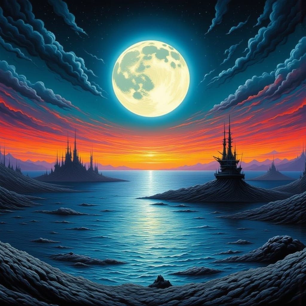 Beautiful Moonlit Seascape Under a Glowing Moon