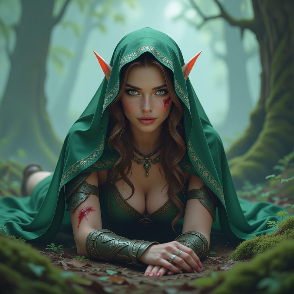 Wounded Elf Maiden in Misty Forest, Fantasy Art
