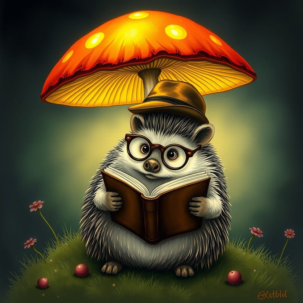 Whimsical Hedgehog Reads Under Glowing Mushroom Umbrella