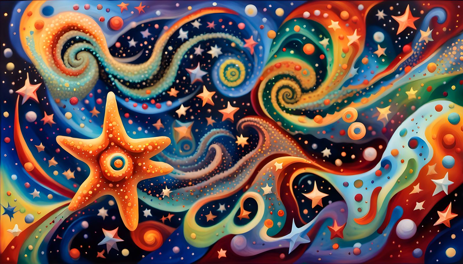 Iridescent Stars Form Cosmic Being: Aboriginal-Style Impasto