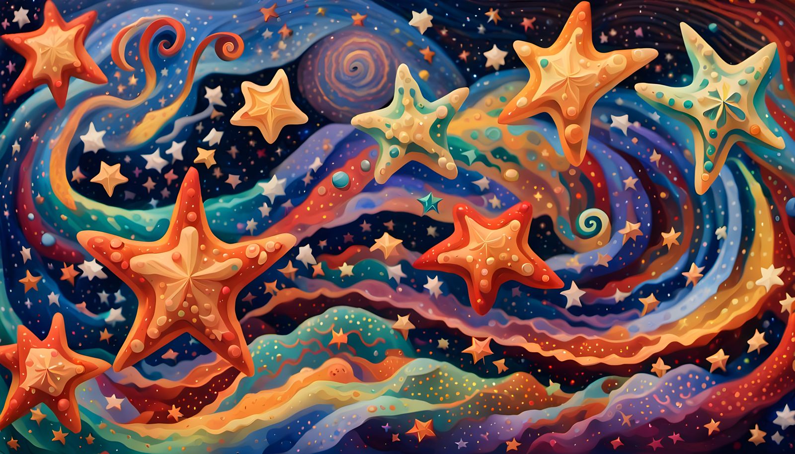 Iridescent Stars Form Cosmic Being in Aboriginal Style