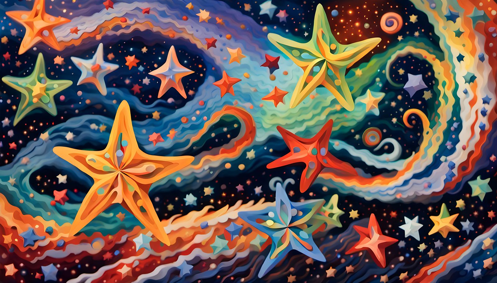 Iridescent Aboriginal Painting of Swirling Cosmic Star Figur...