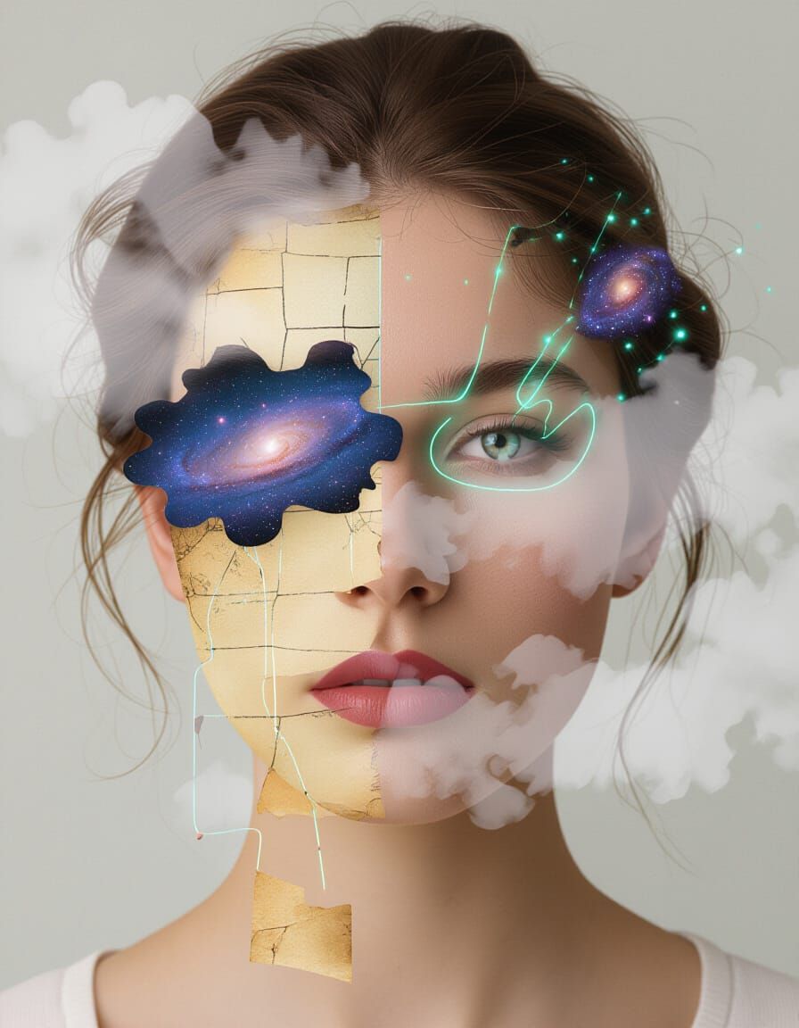 Surreal Self-Portrait with Mist, Galaxies, and Memory Ink