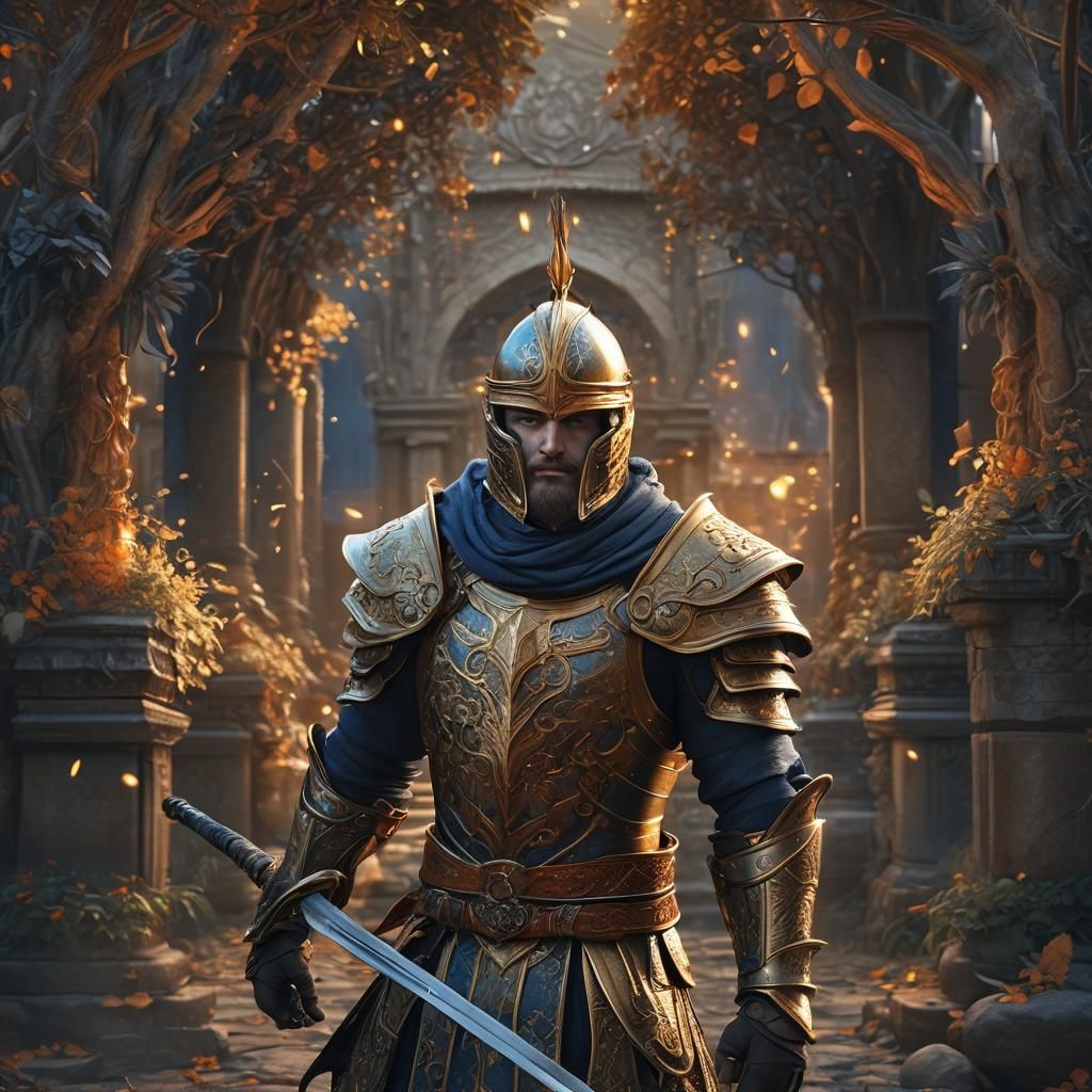 Smiling Swordsman in Golden Armor with Glowing Sword