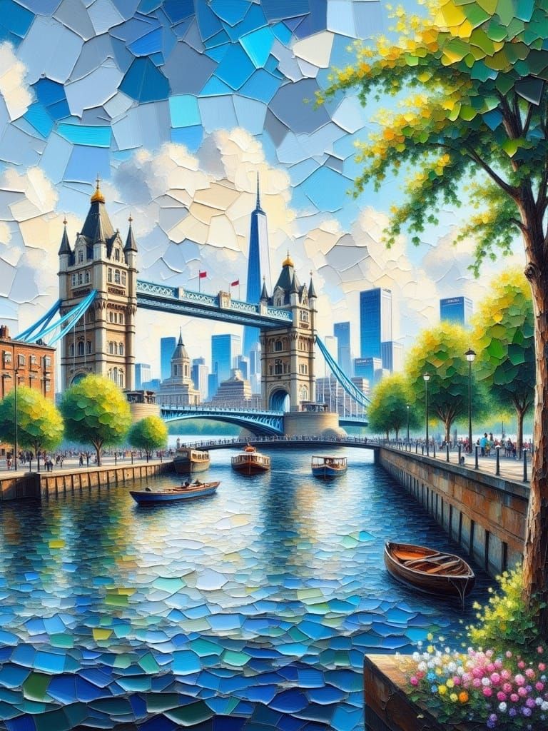 Impasto Cityscape of London River Thames Edge