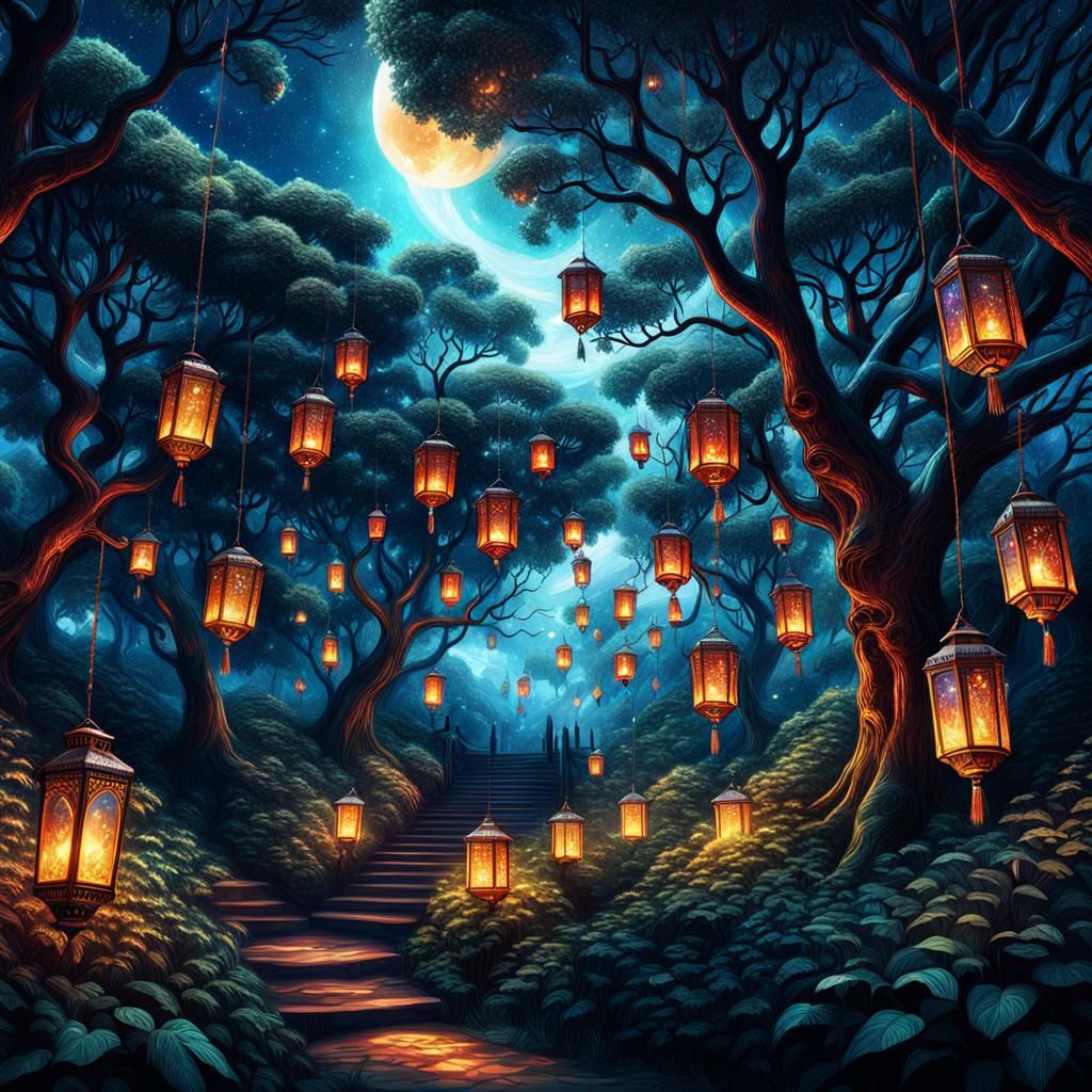 Luminous Lanterns in a Mystical Forest