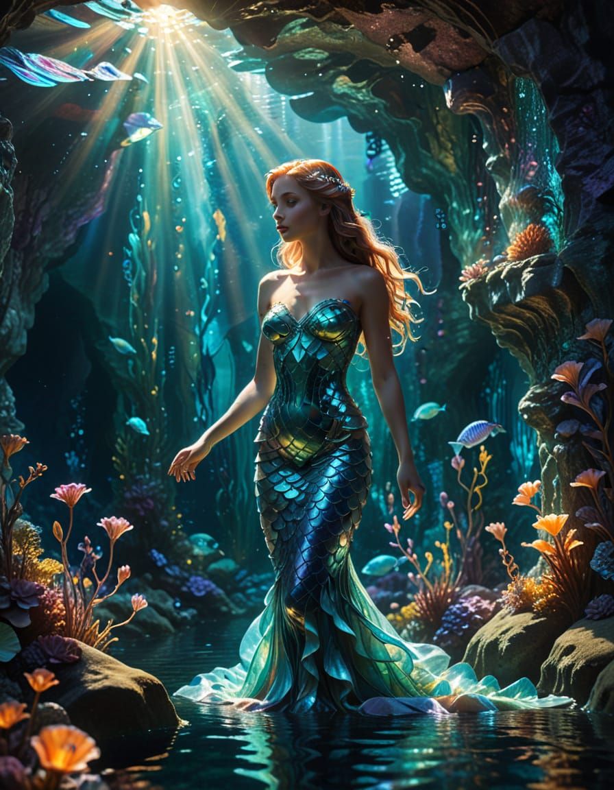 Ethereal Mermaid in Glass Gown in Bioluminescent Grotto