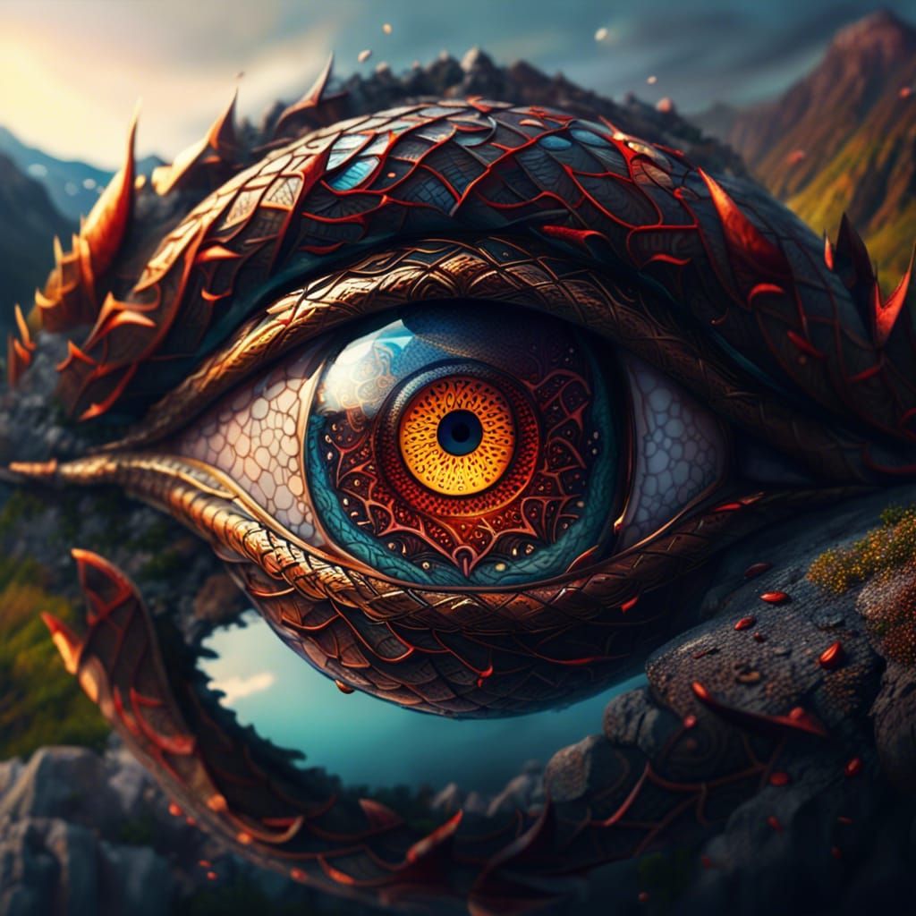 Detailed Dragon Eye Reflecting Landscape in Surreal Style