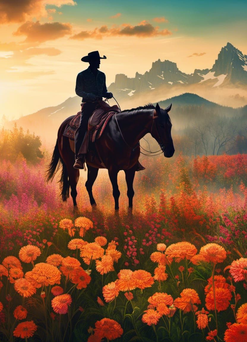 Double Exposure Cowboy Silhouette in Flower Field