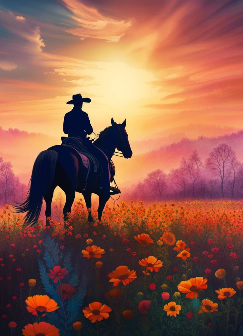 Double Exposure Cowboy Silhouette in Flowerfield