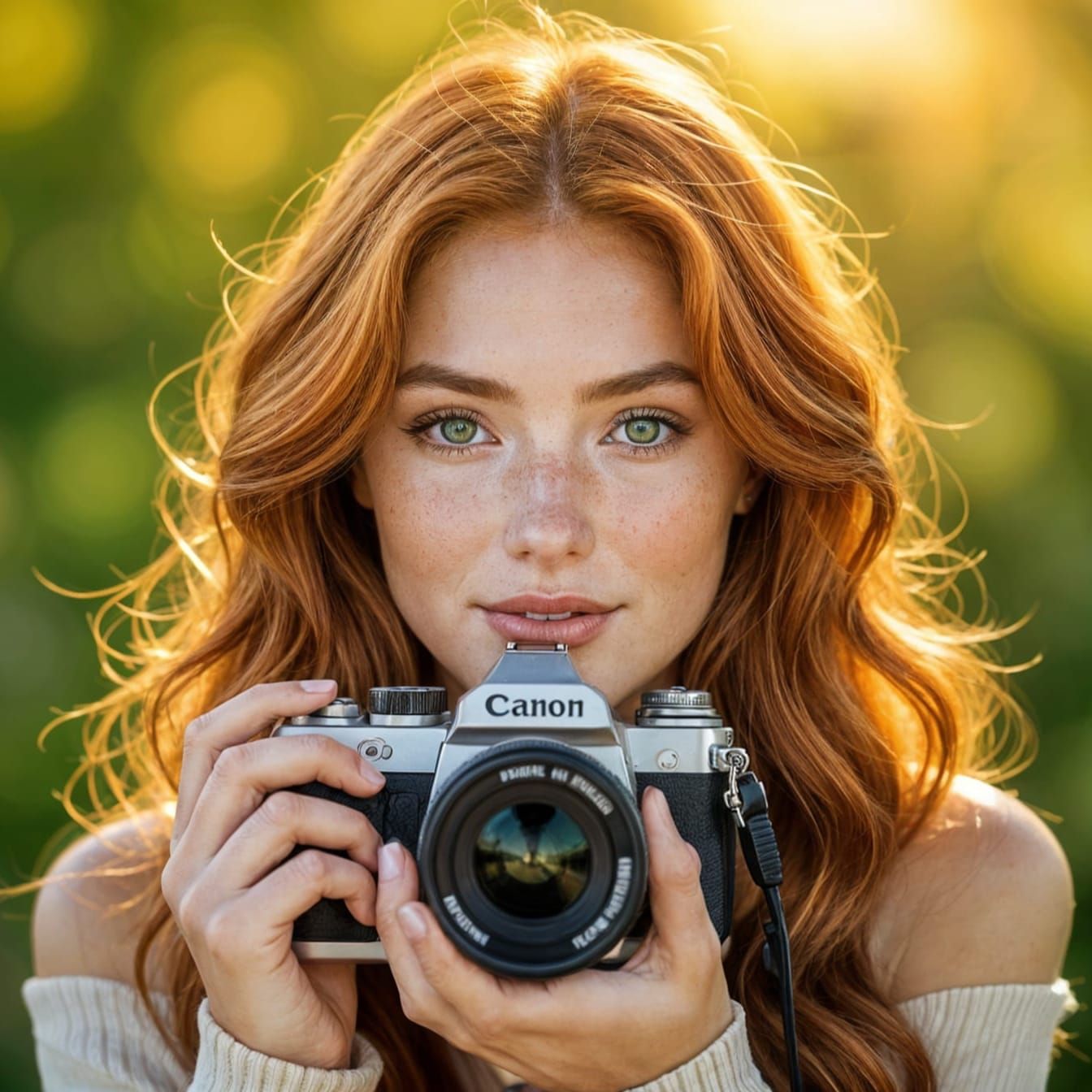Young Woman Photographer with Copper Hair in Sunlight